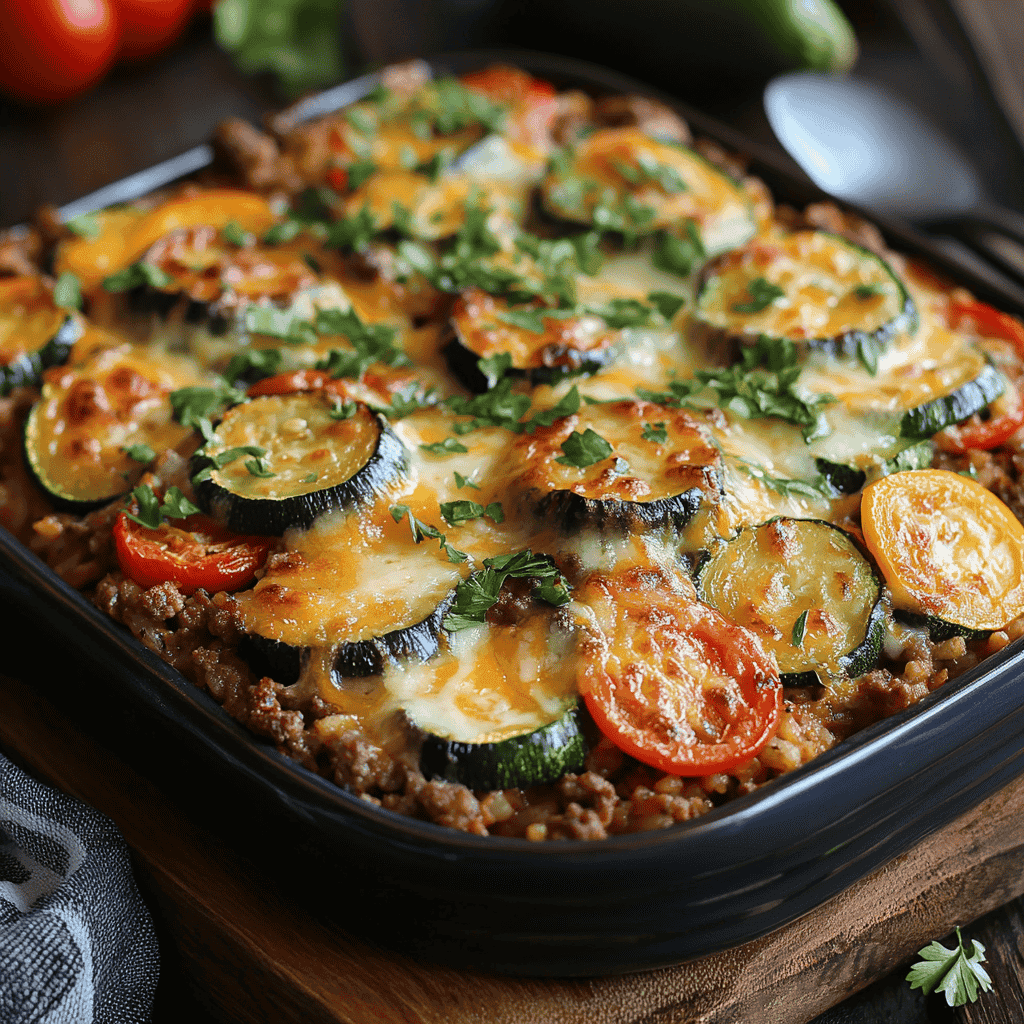 Casserole with added vegetables like peppers, zucchini, and spinach.