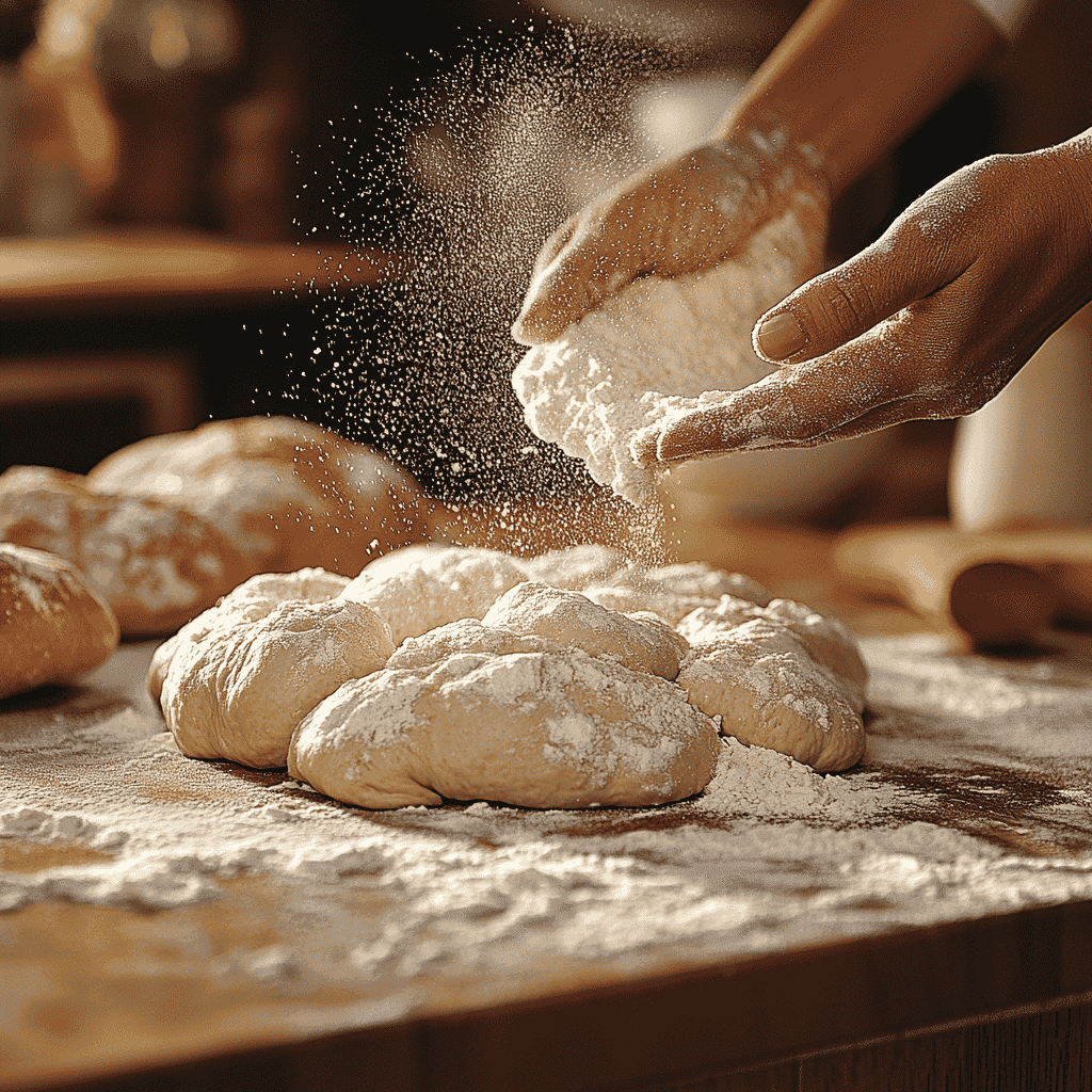 Adding a small amount of flour to sticky dough.