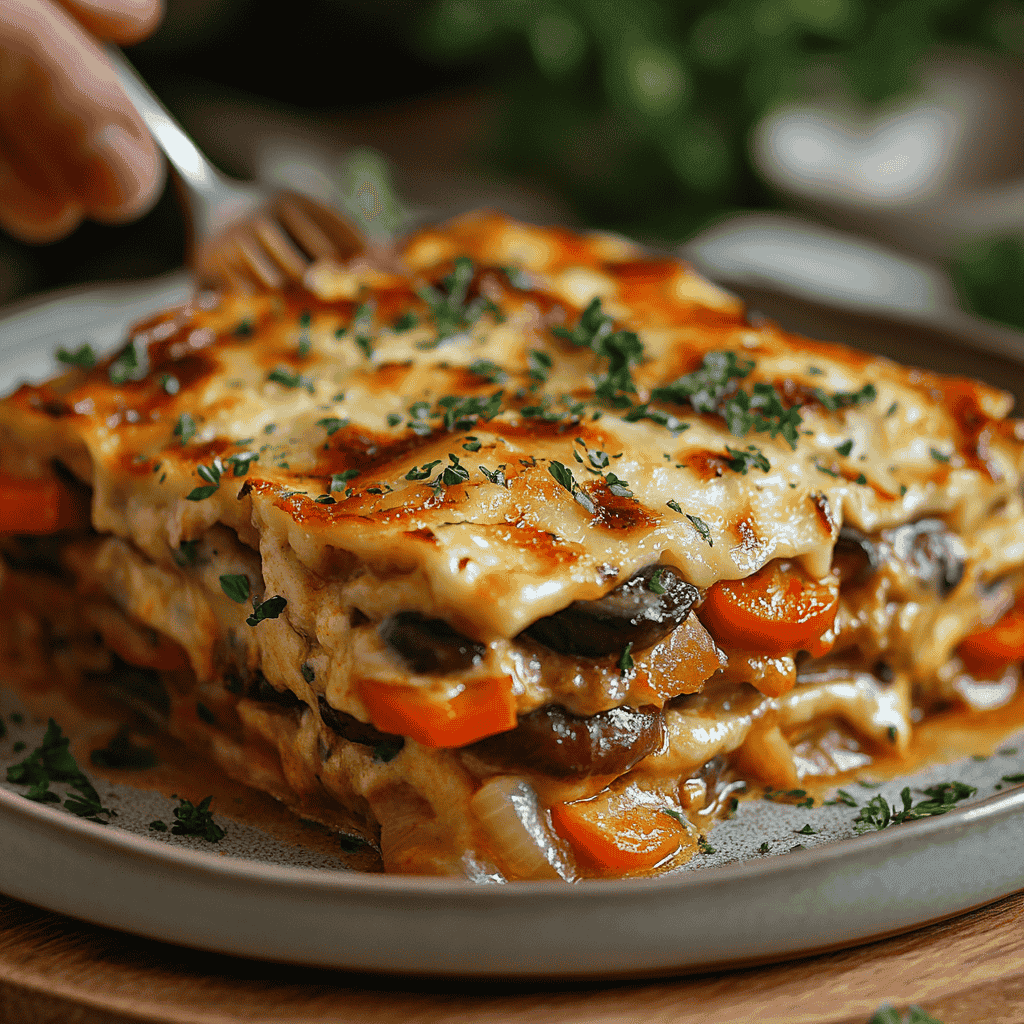 Layering vegetables, sauce, and béchamel in a baking dish