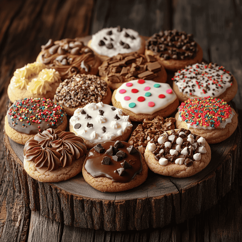 Assorted Crumbl cookies displayed on a wooden platter