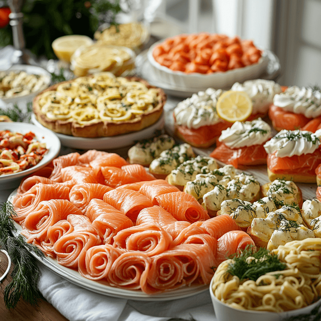 A variety of smoked salmon dishes arranged on a table.