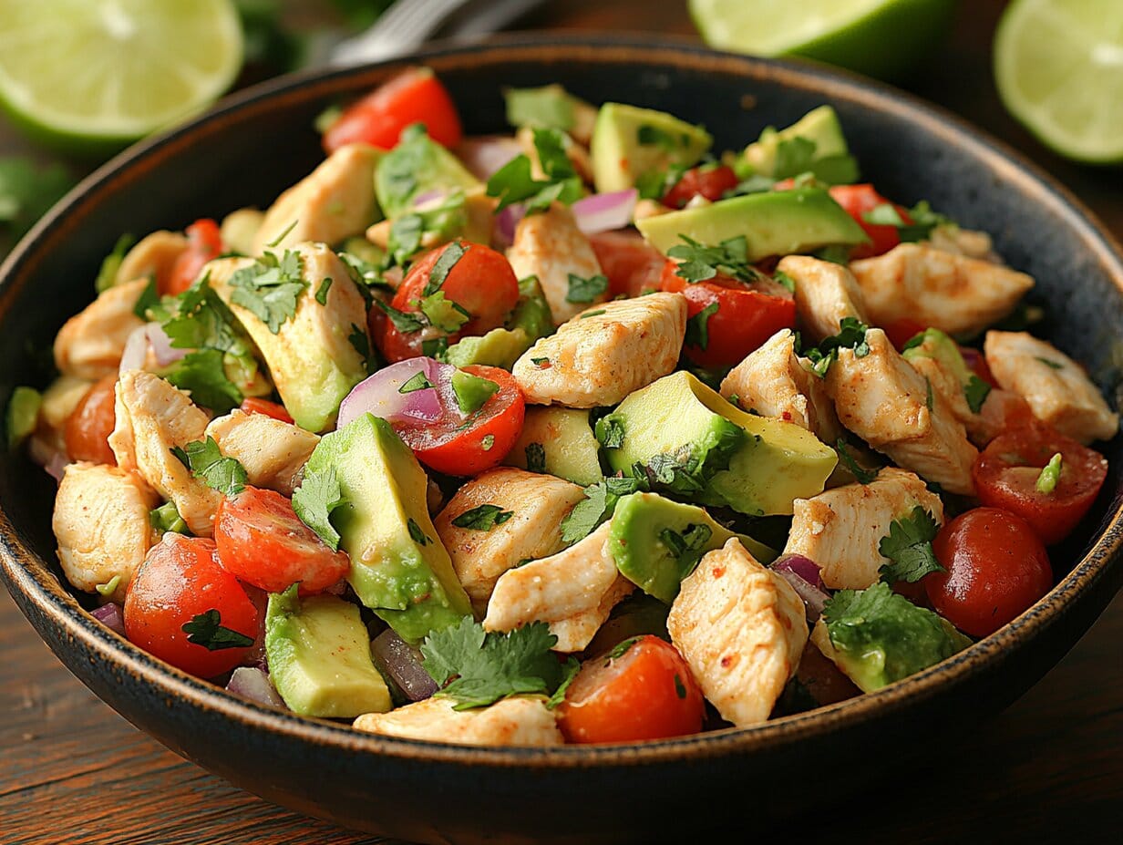 A bowl of fresh avocado chicken salad garnished with cilantro