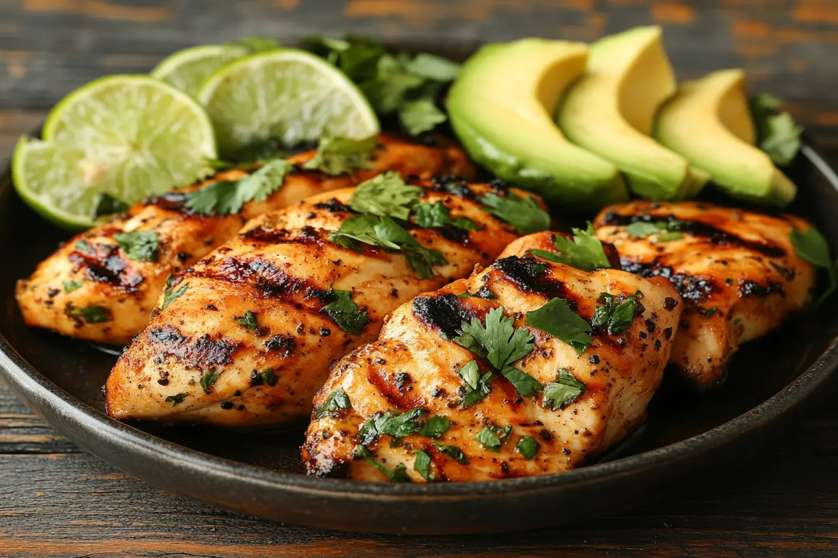 Avocado and chicken served on a plate with fresh herbs and lime