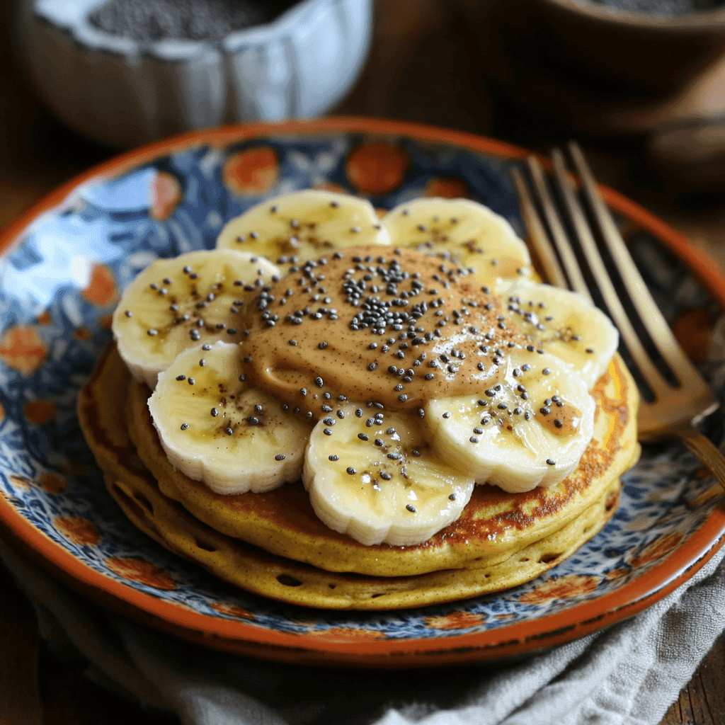 A variety of toppings for protein pancakes, including fruits, nut butter, and seeds.