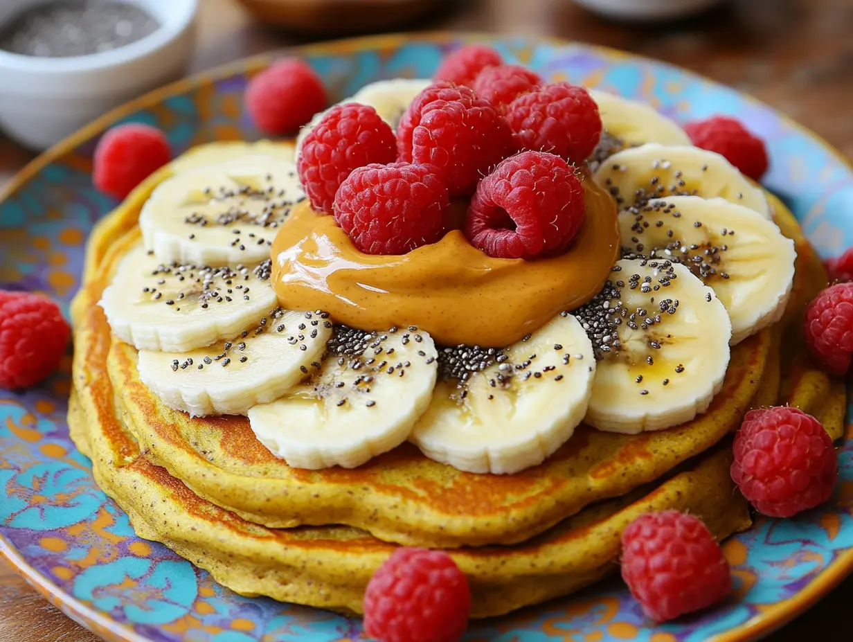 A variety of toppings for protein pancakes, including fruits, nut butter, and seeds.