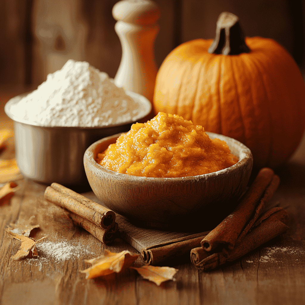 Can I Add Pumpkin Puree to Any Muffin Recipe? Ingredients like pumpkin puree, cinnamon, and flour arranged on a counter.