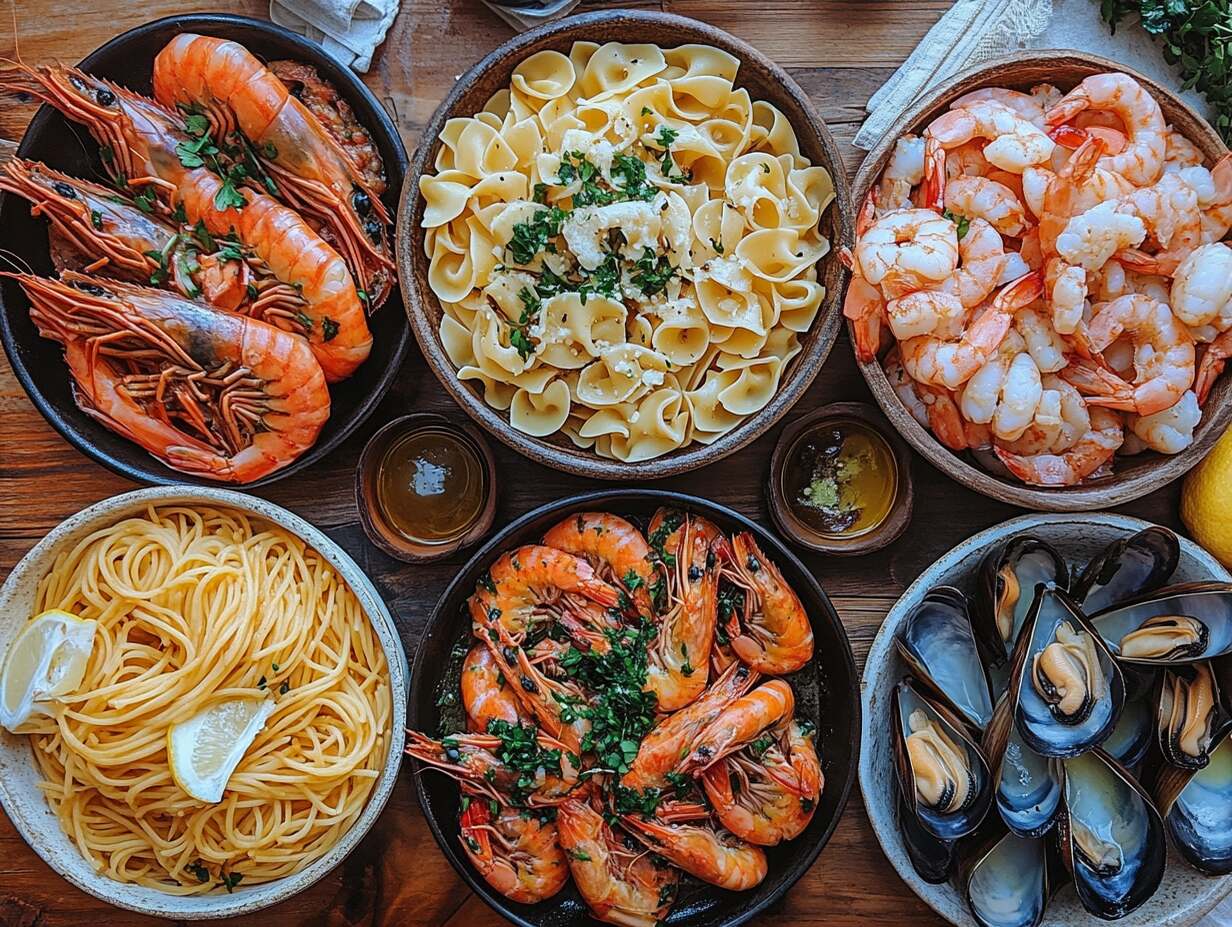 A variety of pasta paired with seafood on a rustic table