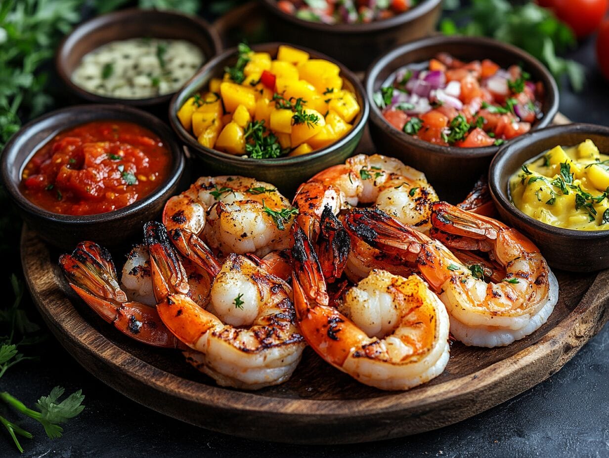 A variety of sauces served with grilled shrimp on a platter