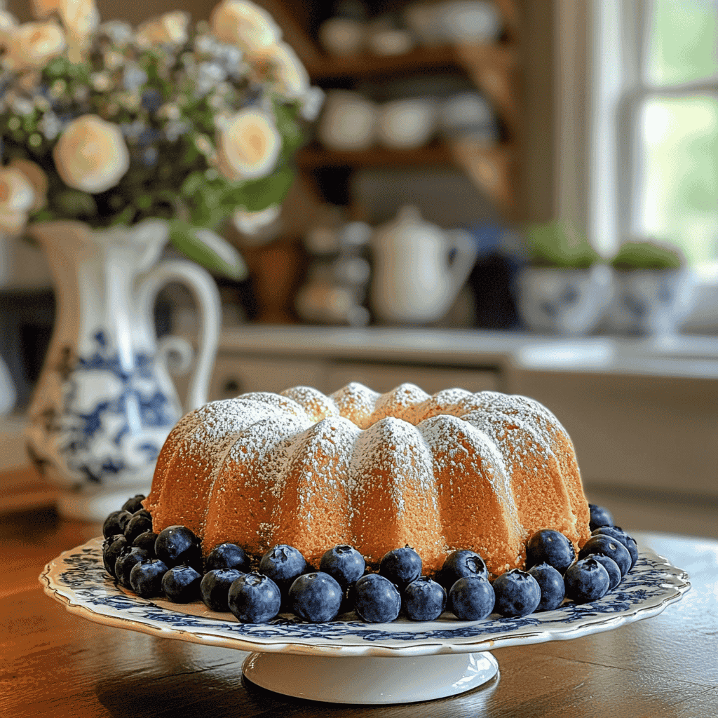 A whole blueberry pound cake dusted with powdered sugar.