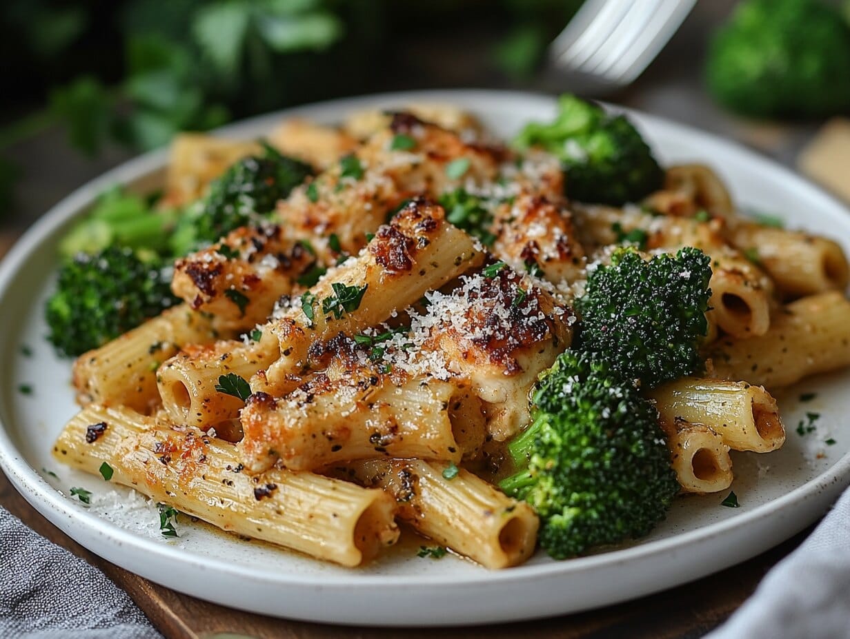 Broccoli Ziti and Chicken served on a plate with Parmesan and parsley garnish.