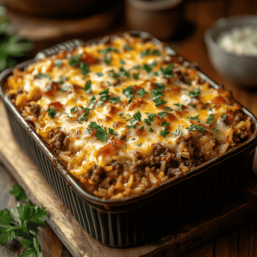 Cheesy Ground Beef and Rice Casserole Recipe in a baking dish with melted cheese on top.