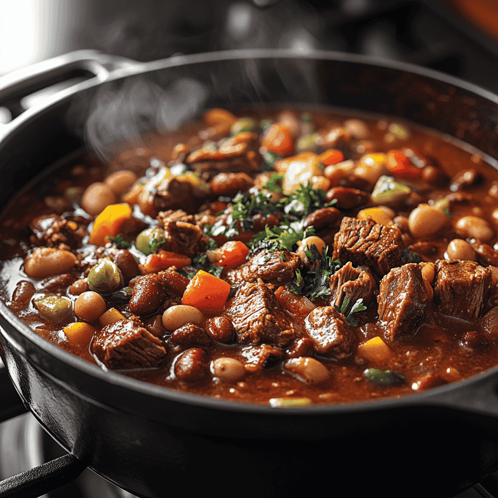 A Dutch oven with simmering brisket chili on a stovetop