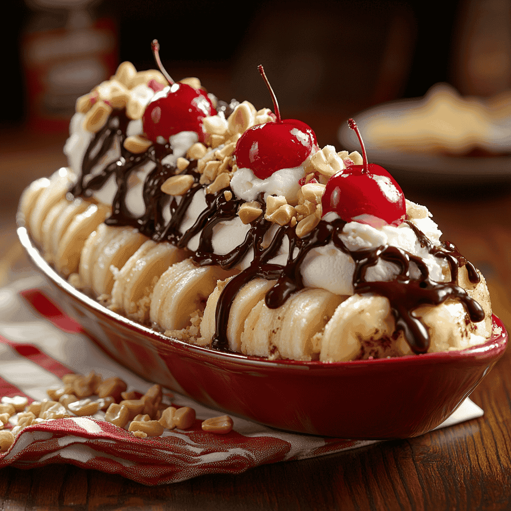 Traditional banana split with ice cream and toppings