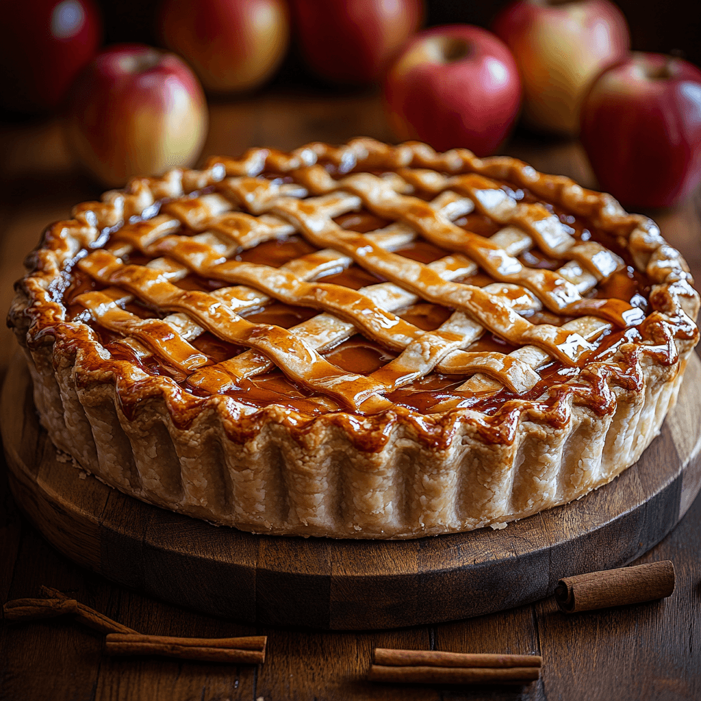 A perfectly baked caramel apple pie with a lattice crust and caramel drizzle.