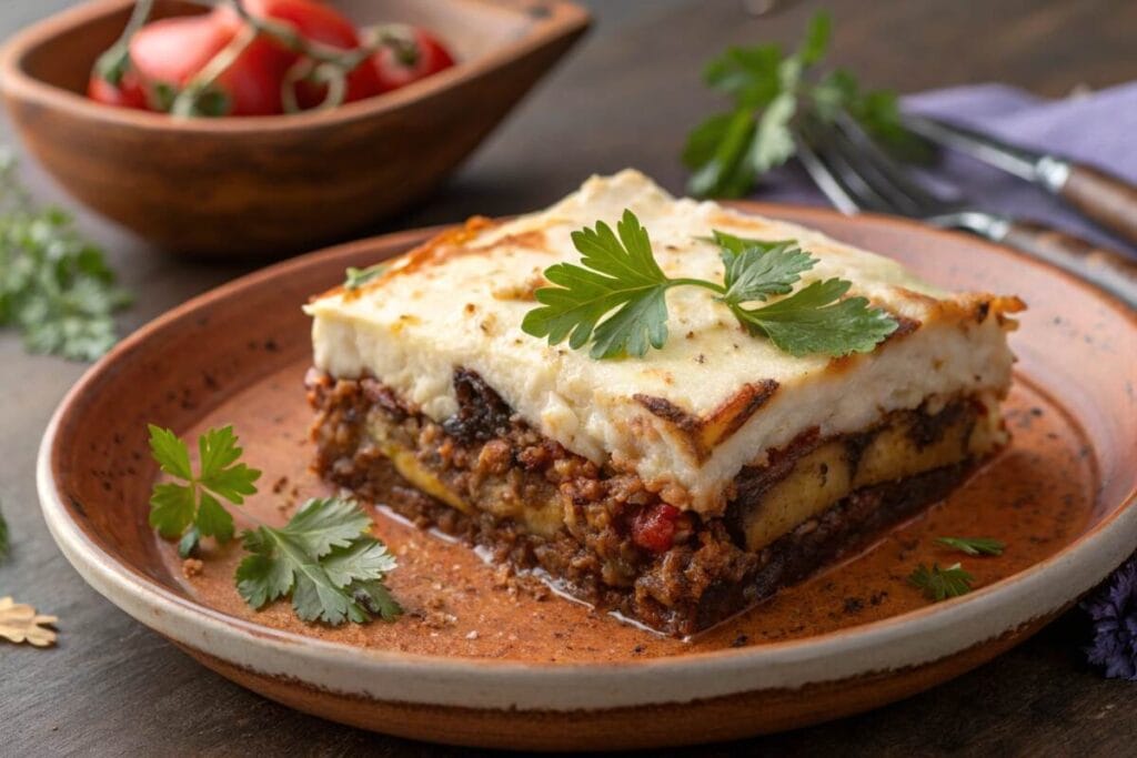 A slice of moussaka showing its eggplant, meat, and béchamel layers.