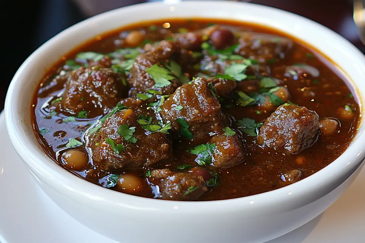 A bowl of chili with chunks of beef, beans, and spices