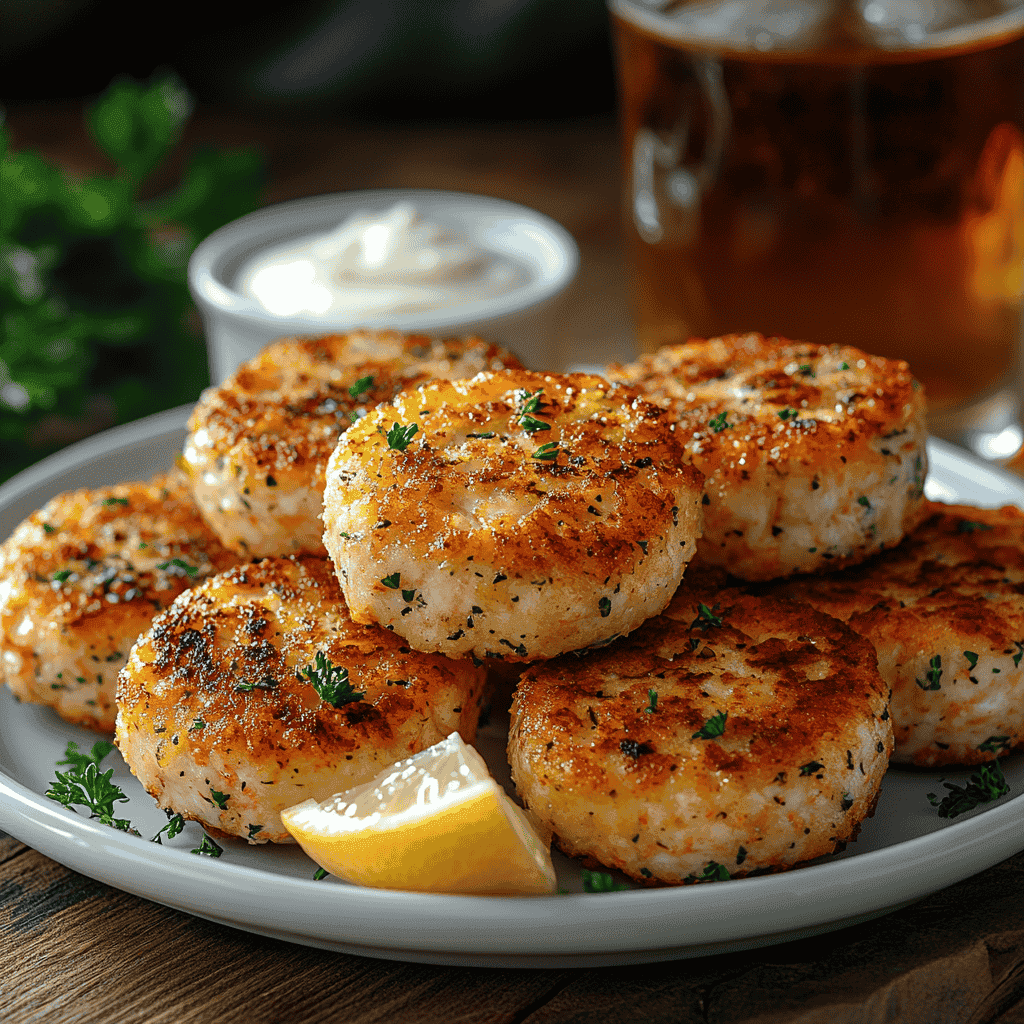 A plate of crispy old-fashioned salmon patties Recipe garnished with lemon slices and parsley.