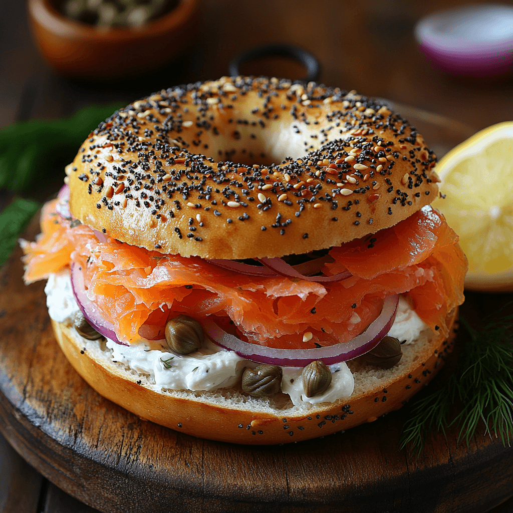 Smoked Salmon Recipes bagel with cream cheese, capers, and red onion.