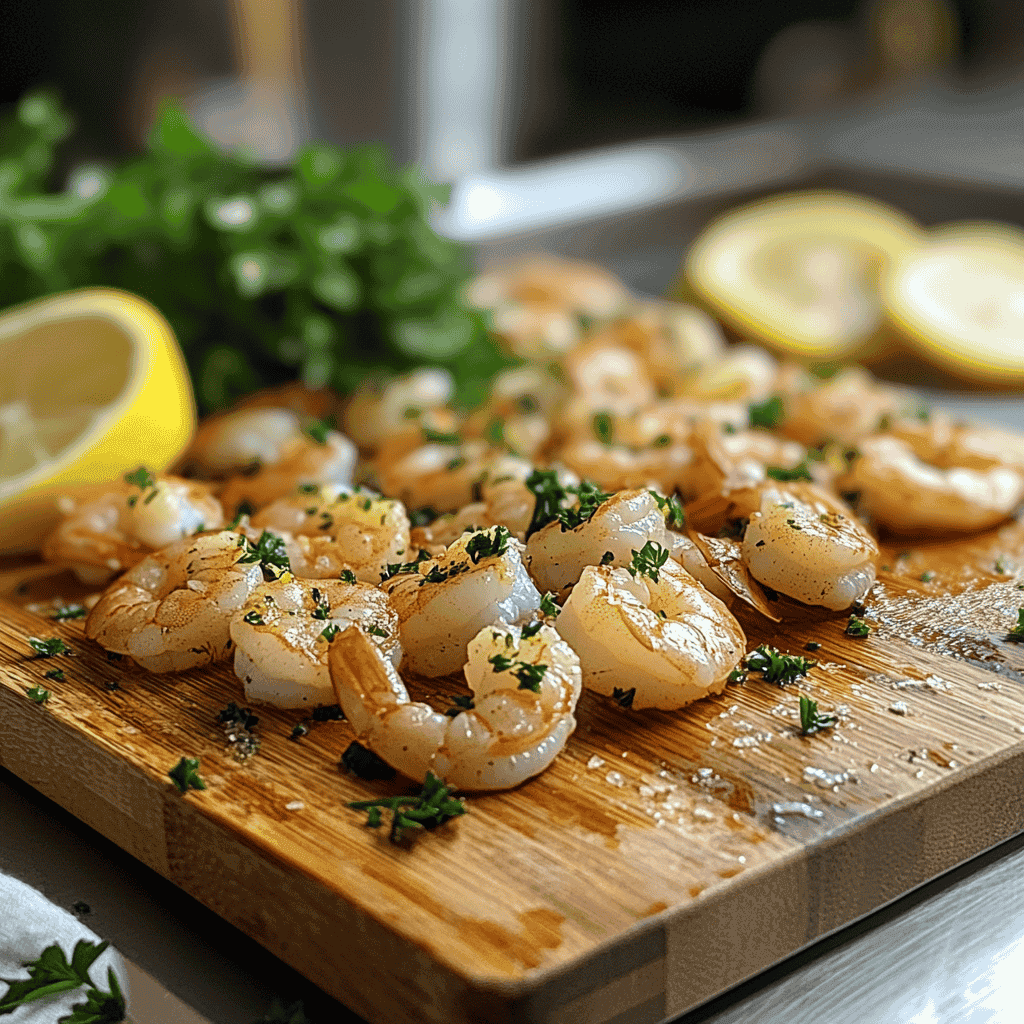 Fresh shrimp being cleaned and deveined on a cutting board.