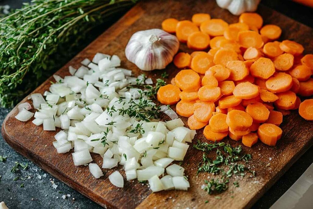 Do You Cook Aromatics Before Meat? A variety of aromatic ingredients, including onions, garlic, carrots, and herbs, placed on a wooden cutting board to explain if you cook aromatics before meat.