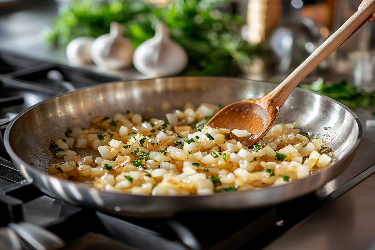 A cook sautéing onions and garlic in a pan with wooden spoon.