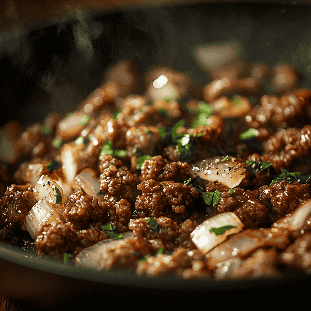 Skillet of ground beef being cooked with onions and spices.