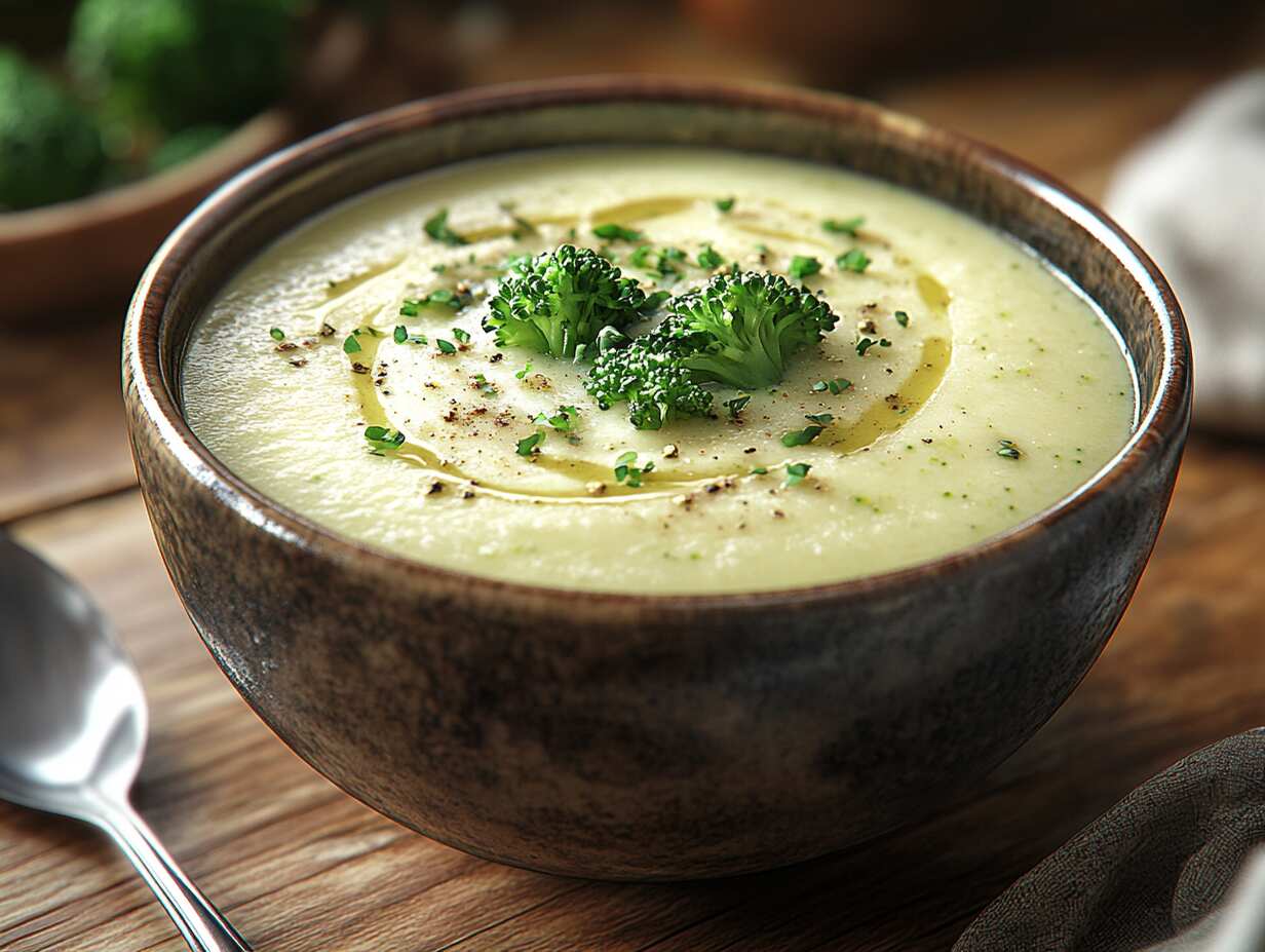 A steaming bowl of cream of broccoli soup garnished with fresh broccoli and a spoon beside it.