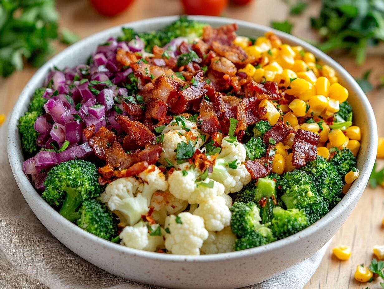 A colorful broccoli, cauliflower, corn, and turkey bacon salad with creamy dressing.