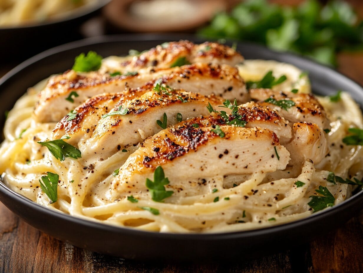 A bowl of creamy chicken pasta garnished with parsley and surrounded by fresh ingredients