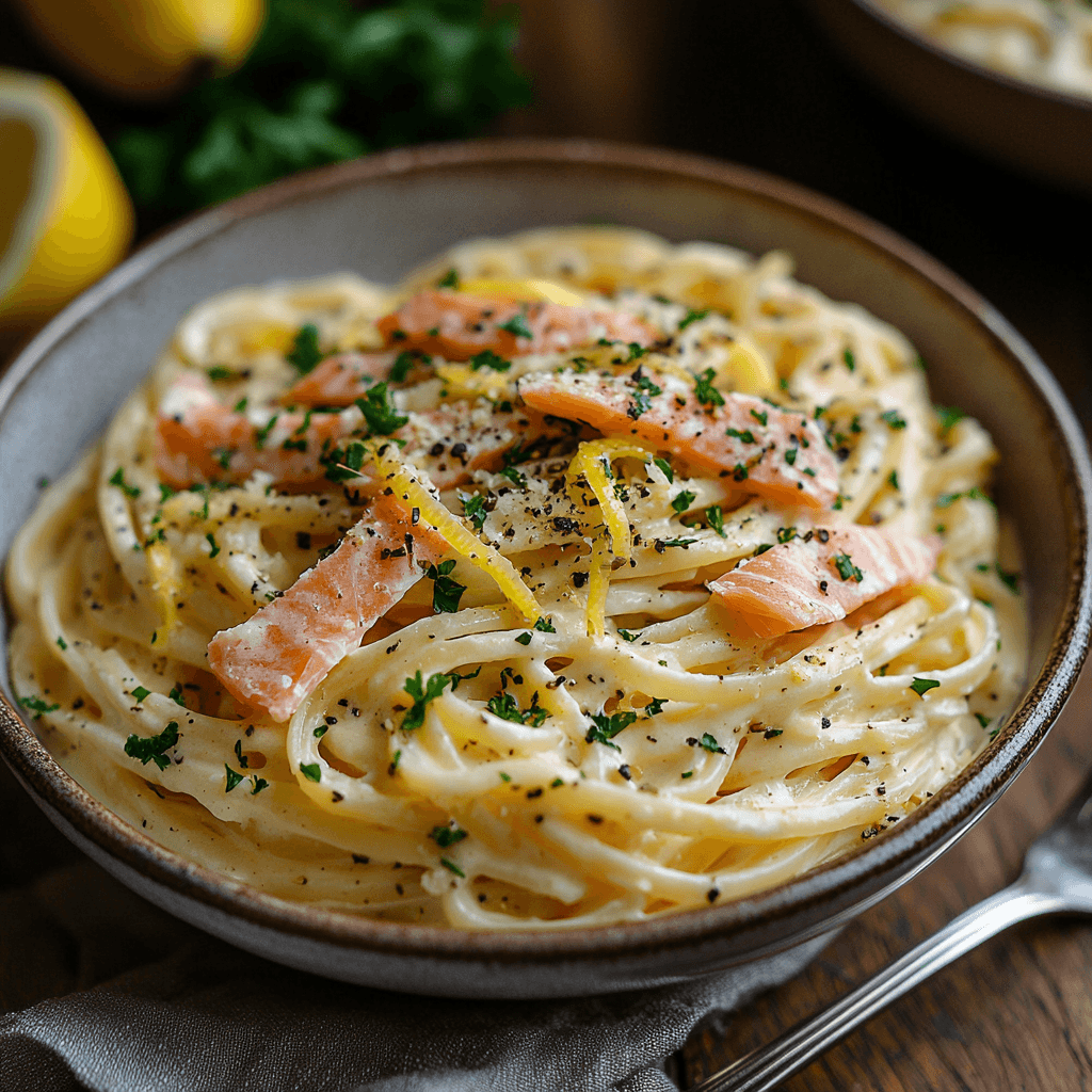 Creamy smoked salmon pasta served in a white bowl.