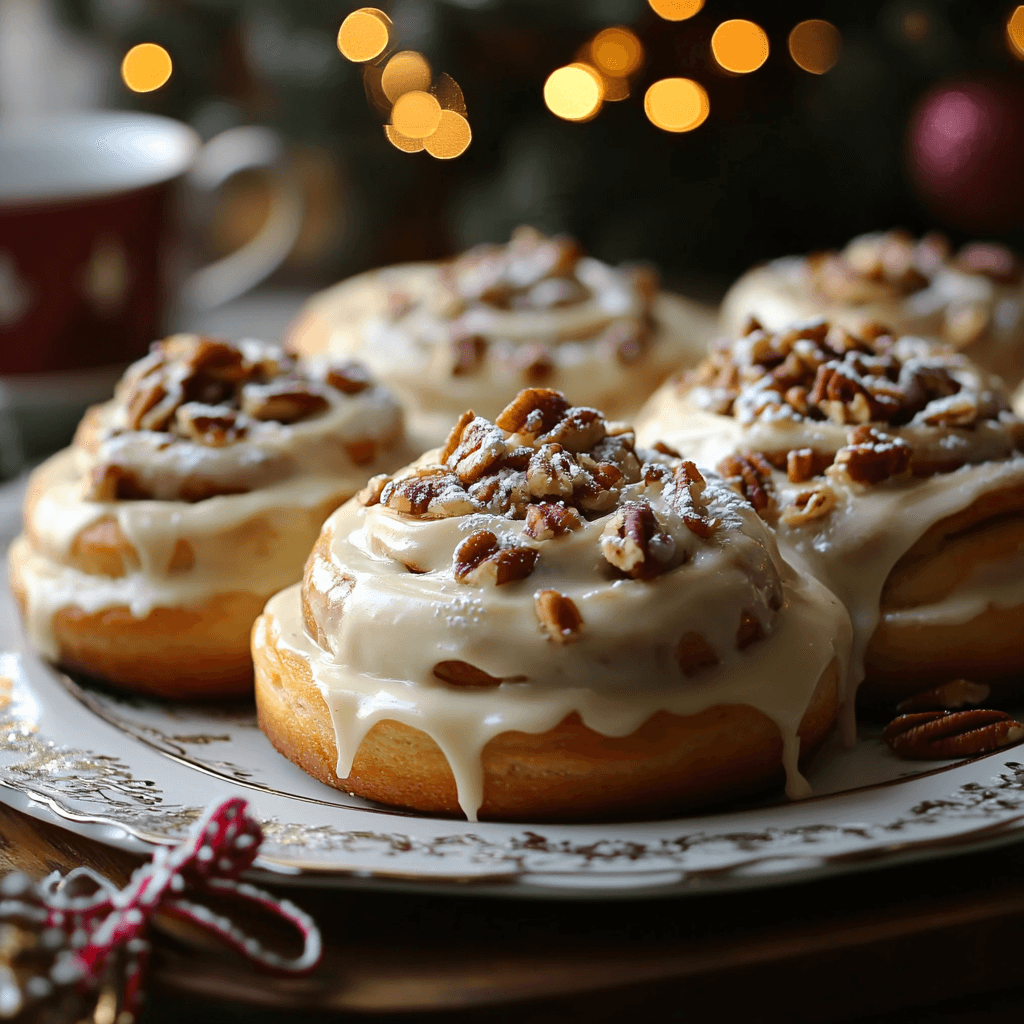 Sourdough cinnamon rolls topped with cream cheese glaze and garnished with pecans.