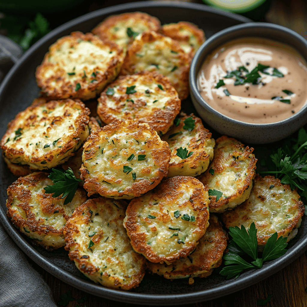 Finished plate of crispy zucchini fritters with dipping sauce.