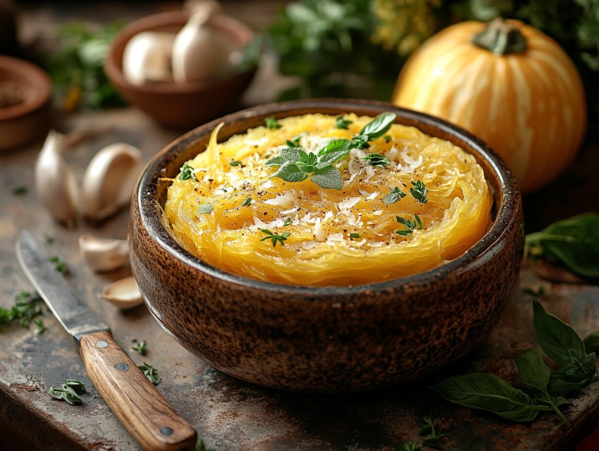 Cooked spaghetti squash in a crockpot on a kitchen counter with herbs and knife.