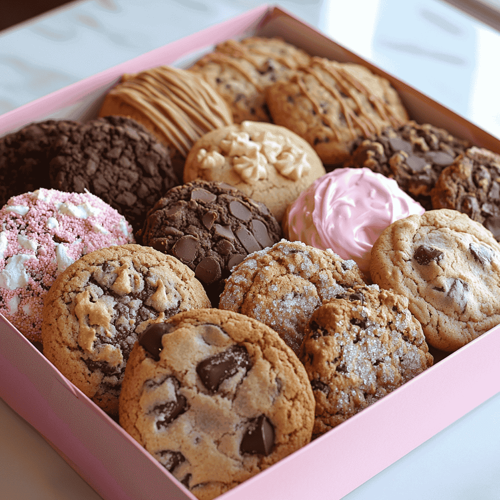 A variety of Crumbl Cookies displayed in their signature pink box.