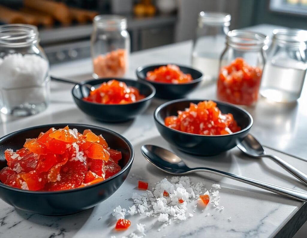 Fresh Tobiko being cured with salt in a kitchen setting