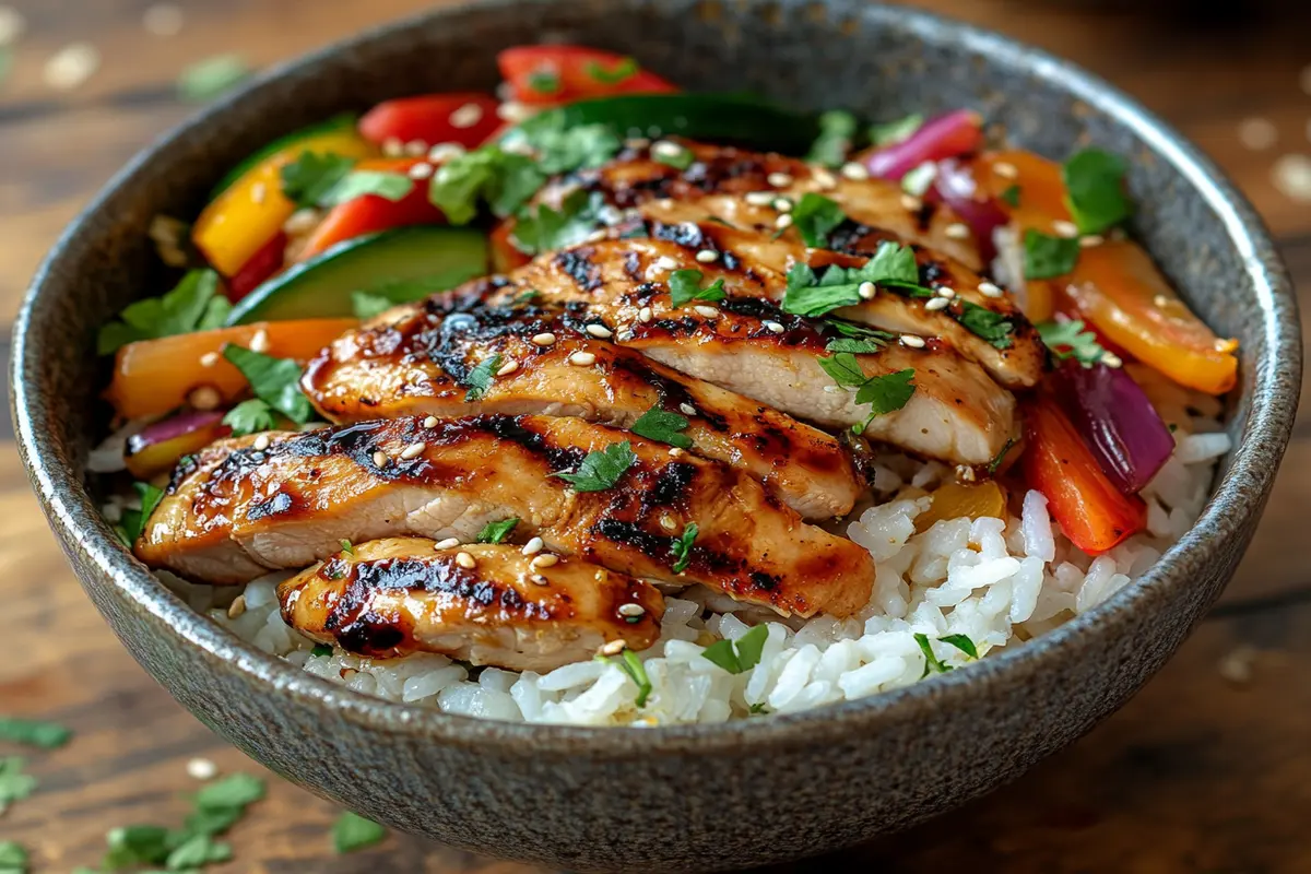 A bowl of rice with chicken, vegetables, and soy sauce