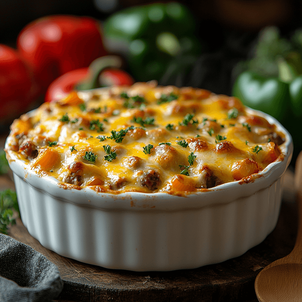 A freshly baked Easy Stuffed Pepper Casserole in a white dish with melted cheese on top.