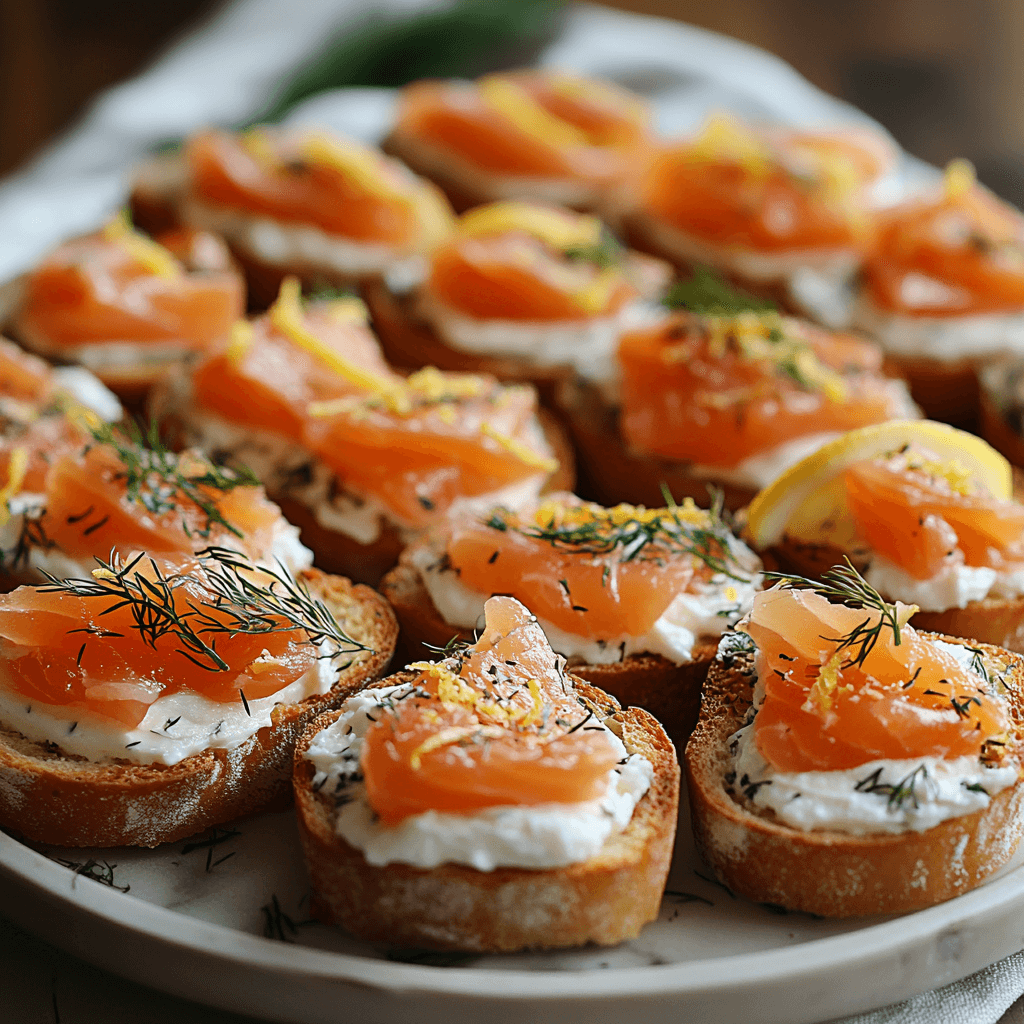 Smoked salmon crostini topped with dill and lemon zest