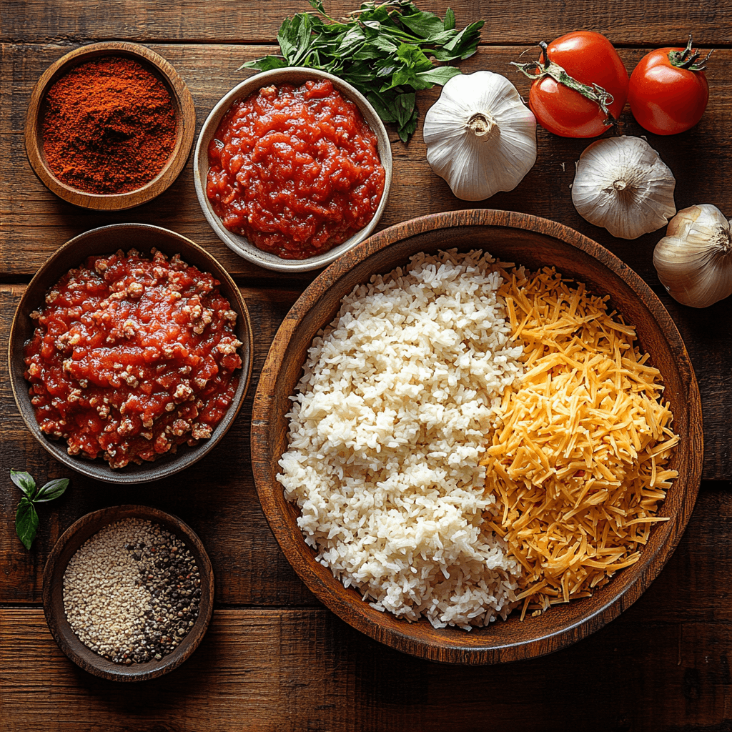 Ingredients for casserole including ground beef, rice, cheese, tomato sauce, and seasonings.