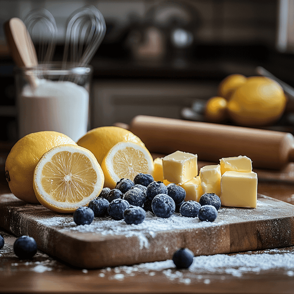 Ingredients for Lemon Blueberry Pound Cake on a kitchen counter