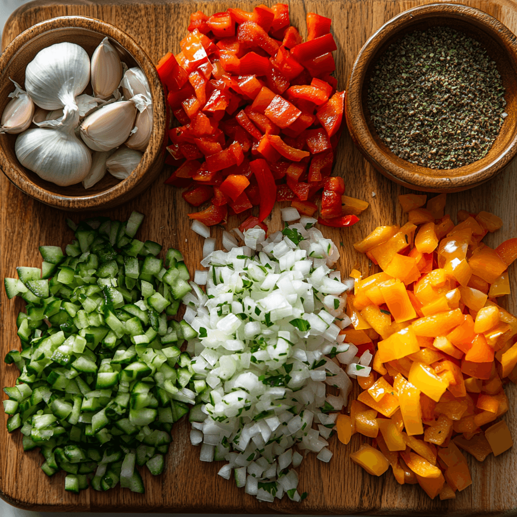 Chopped bell peppers, onions, garlic, and other ingredients for stuffed pepper casserole.