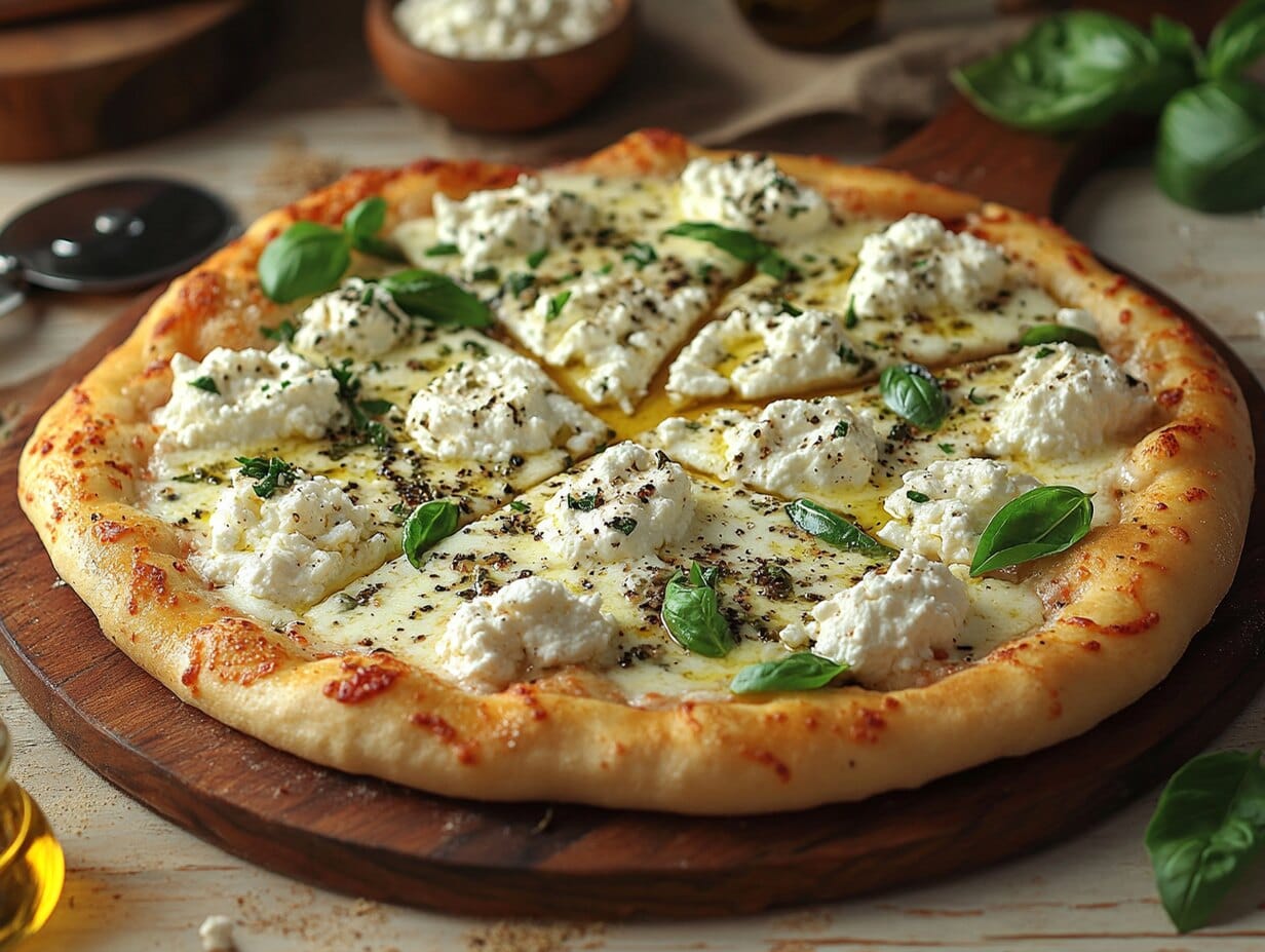 Freshly baked Ricotta Pizza with basil and olive oil