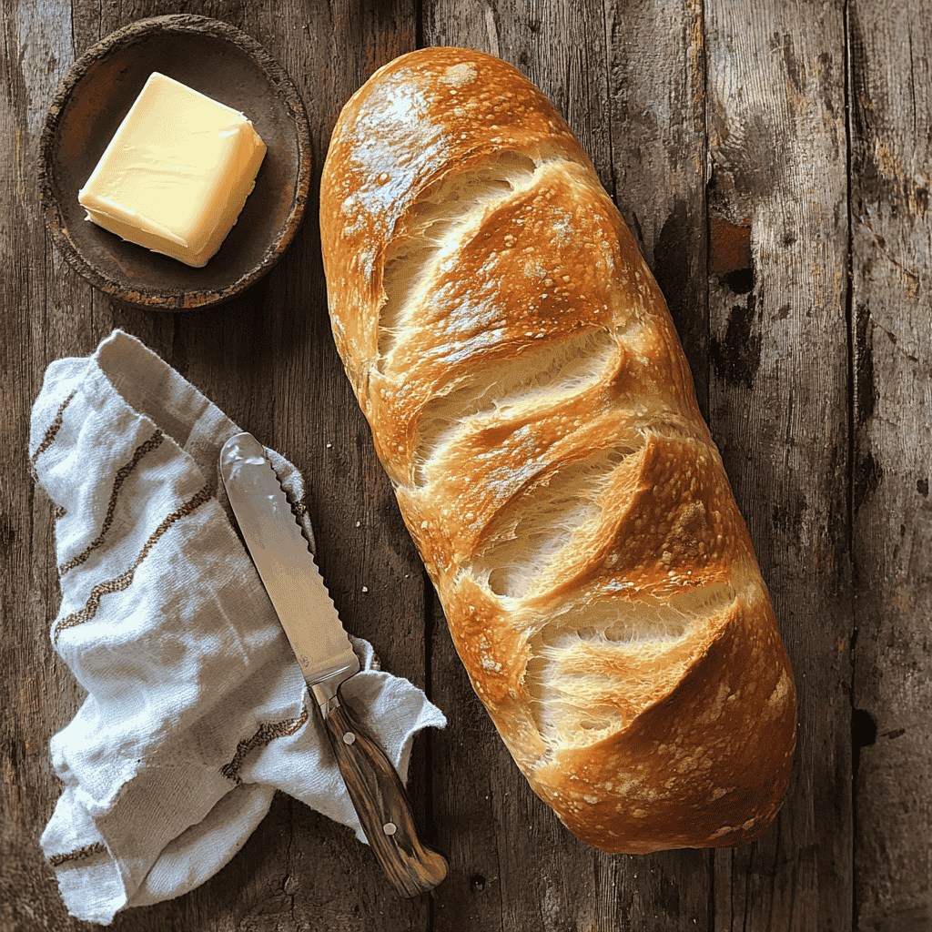 A freshly baked moist bread loaf on a wooden table.