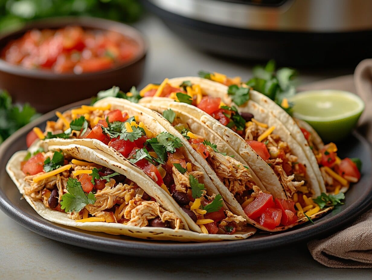 Freshly prepared Instant Pot chicken tacos with colorful toppings and lime slices.