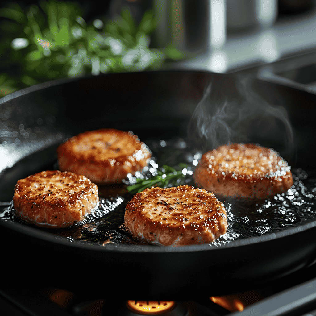 Salmon patties frying in a skillet