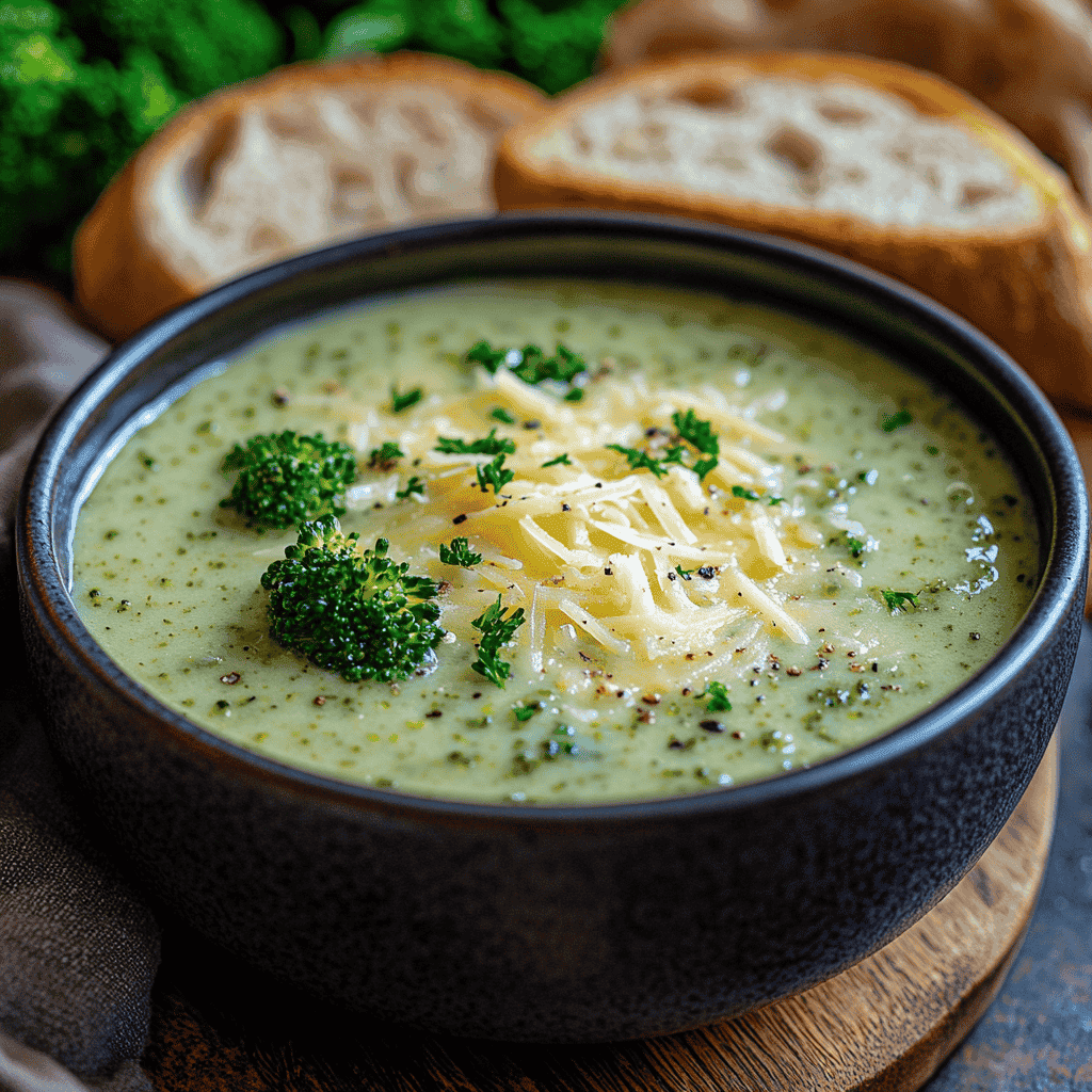 Bowl of cream of broccoli soup with a garnish of cheese and herbs.