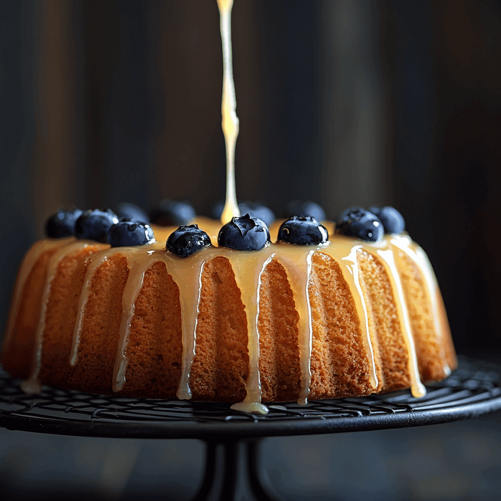A glazed Lemon Blueberry Pound Cake with glaze dripping over the sides