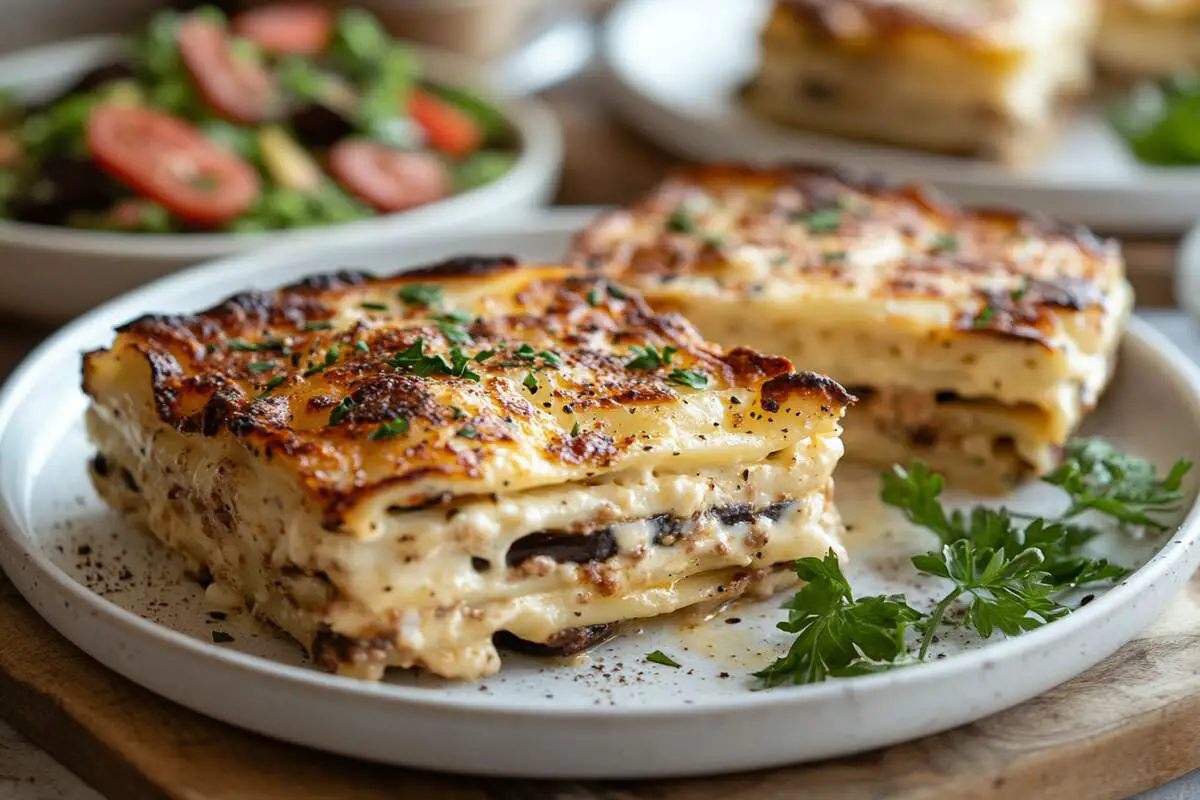 A side-by-side view of Greek pastichio and moussaka dishes