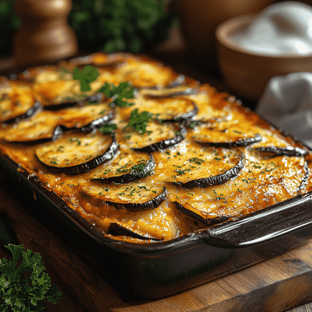 A beautifully baked vegetarian moussaka with golden béchamel topping