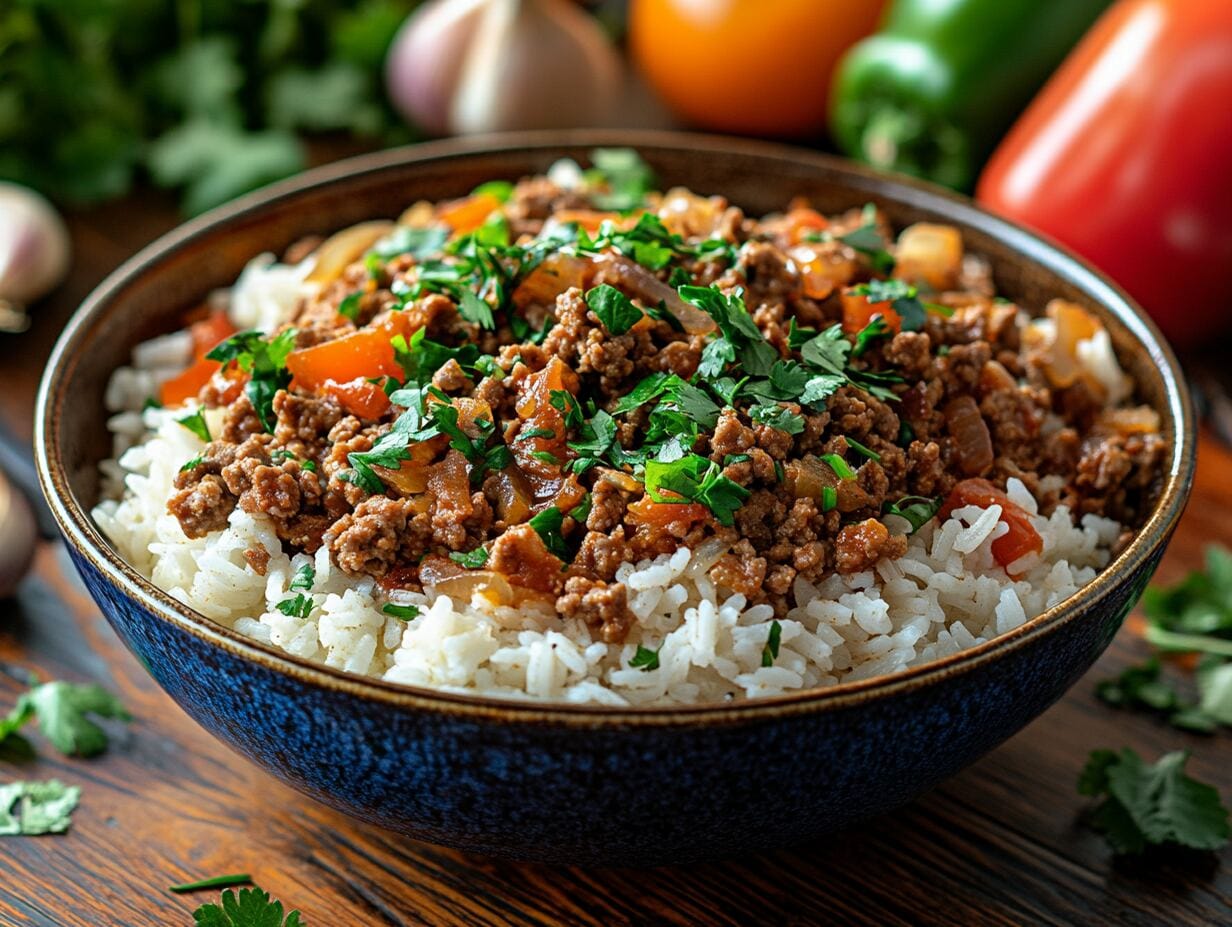 Ground beef and rice bowl garnished with fresh herbs.